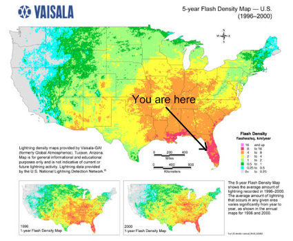 US lightning strike frequency map - 1996-2000